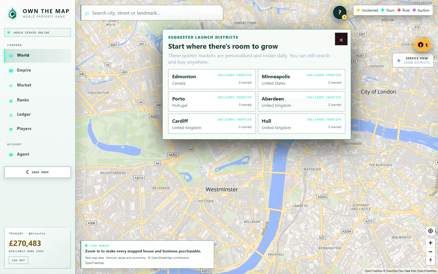 Own the Map launch district suggestions on the live worldwide map