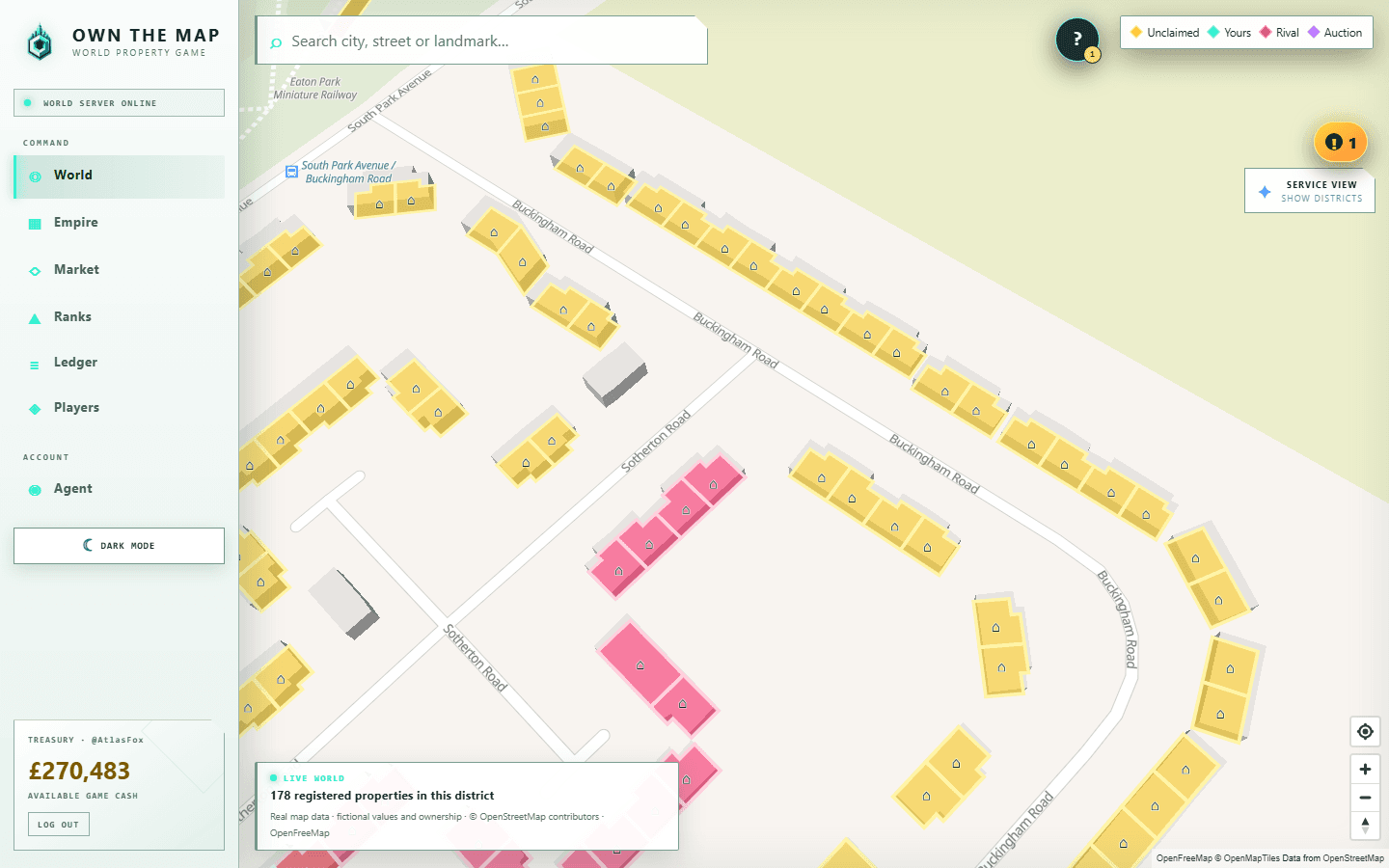 Actual Own the Map gameplay showing purchasable buildings on real streets